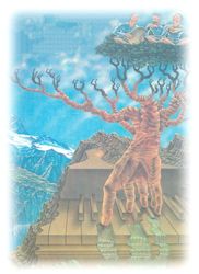 Painting: a tree rooted in a hand above a mountain landscape, with musicians seated in its branches