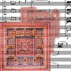 Manuscript score overlaid with a suzani embroidery pattern